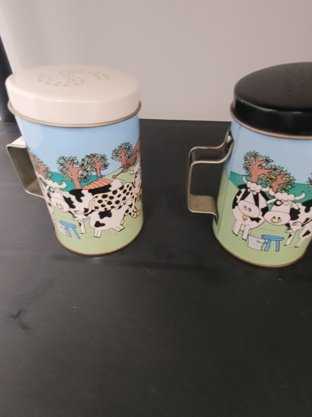 Vintage Cow Print Tin Salt And Pepper Canisters - Blue & Cream